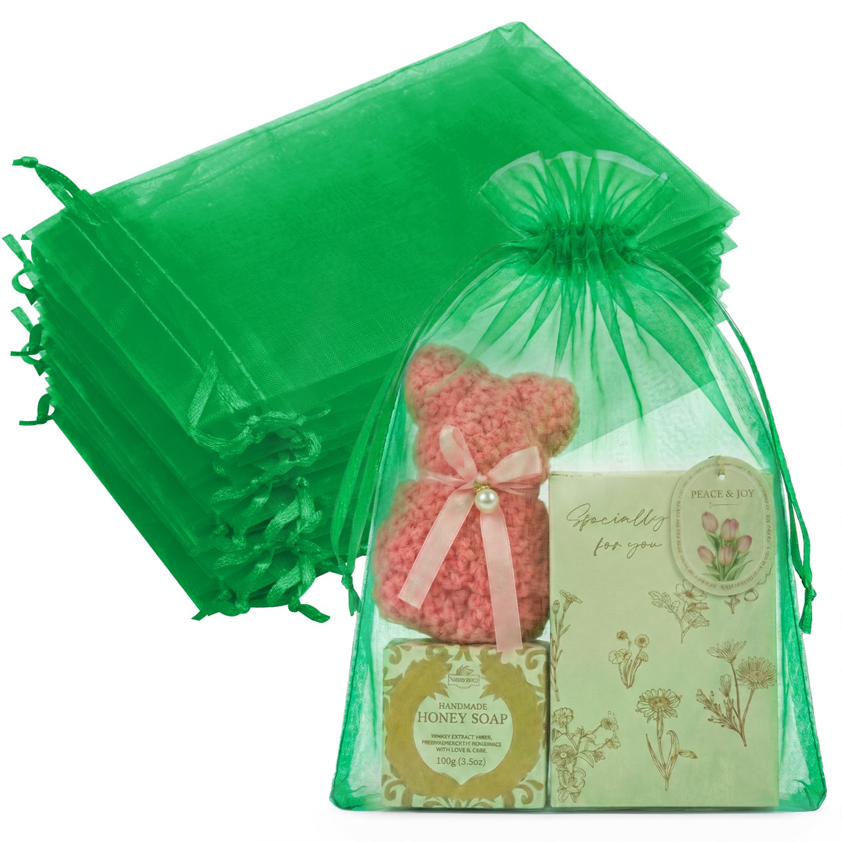 Crweety 50PCS Organza Bags 8x12 Large Gift Bags Green Mesh Drawstring Goodie Pouches for Jewelry Candy Sachet Fruit Protection, Party Favor Bag for Birthday Baby Shower Wedding Halloween Christmas