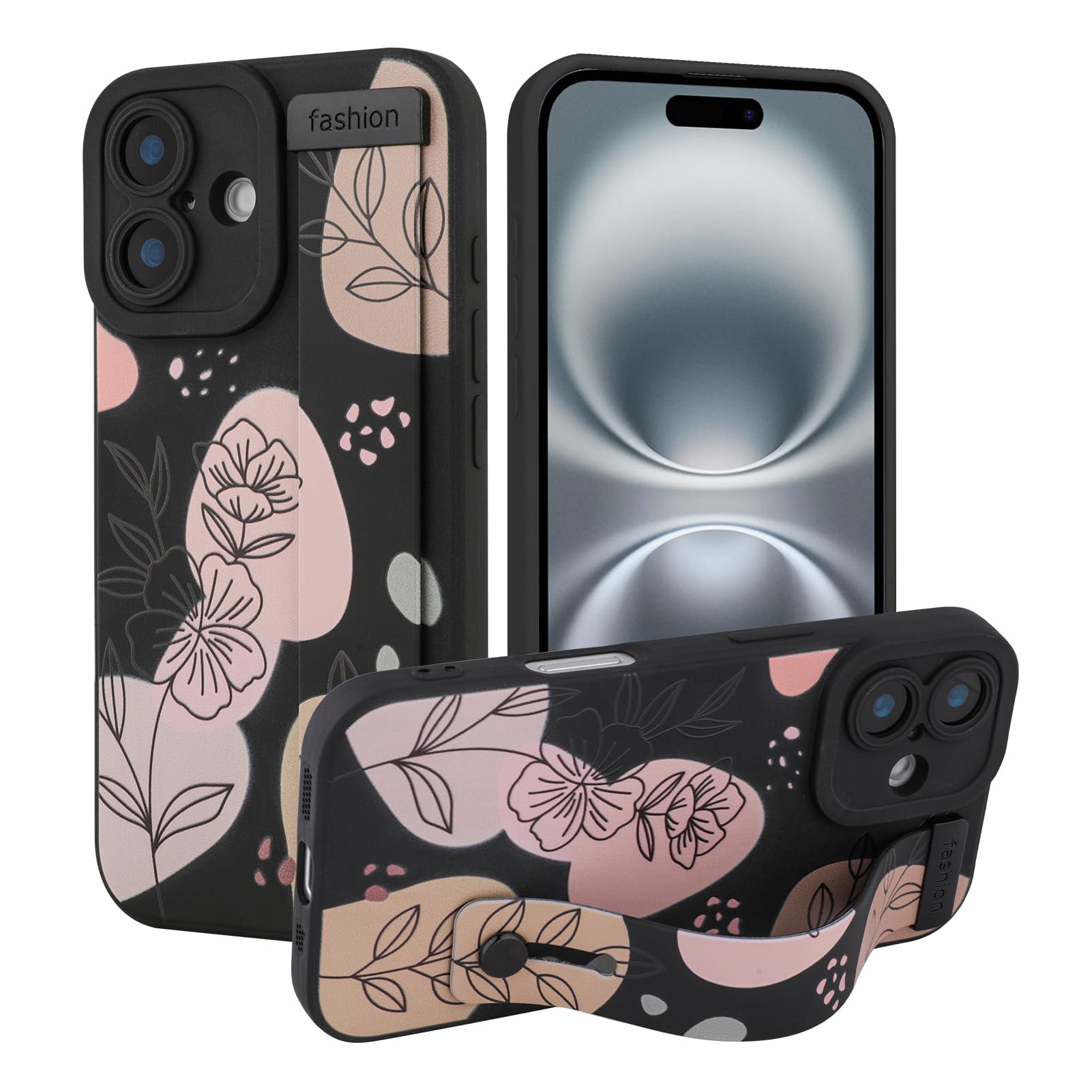 Jefonha Case for iPhone 16 Plus Silicone Phone Case with Strap for Women Girls Cute Floral Flower Pattern, Adjustable Soft Finger Strap Kickstand