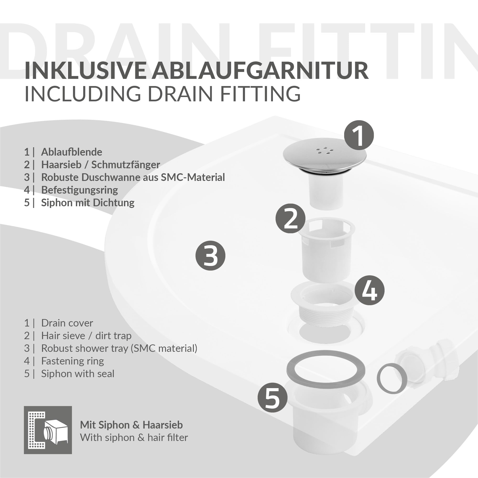 LuxeBath Piatto Doccia Semicircolare 80x80 cm Slim, Salvaspazio, in SMC, Ultra Piatto, Altezza 40 mm, Bianco, Raggio 55 cm, con Piletta e Sifone, Gruppo di Scarico Completo 3 Modalita di Installazione