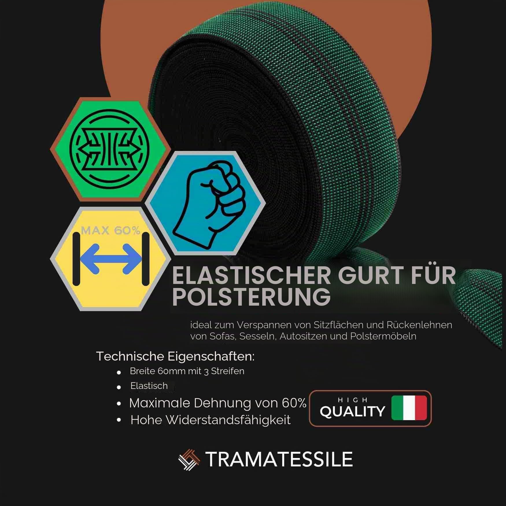 Elastischer Gurt für Polsterungen - Breite 60 mm - Elastisches Band für Sofas und Sessel - Geeignet für Sitze und Rückenlehnen - 3-reihige elastische Gurte - Dehnbar bis zu 60%
