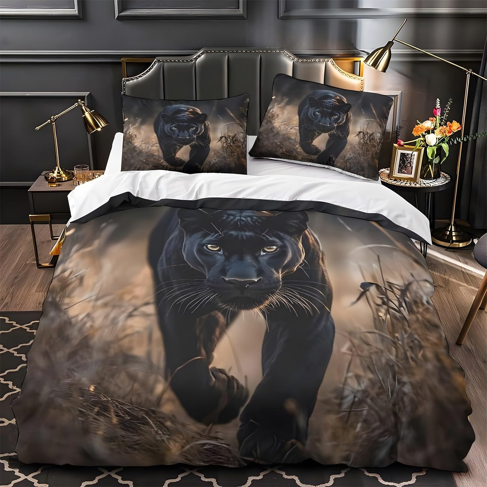 Ypthriline Double Bedding Set Black Panther Bedding Set Microfiber Brown Duvet Covers with Pillowcases Reversible Bedding With Zipper Closure 200x200CM