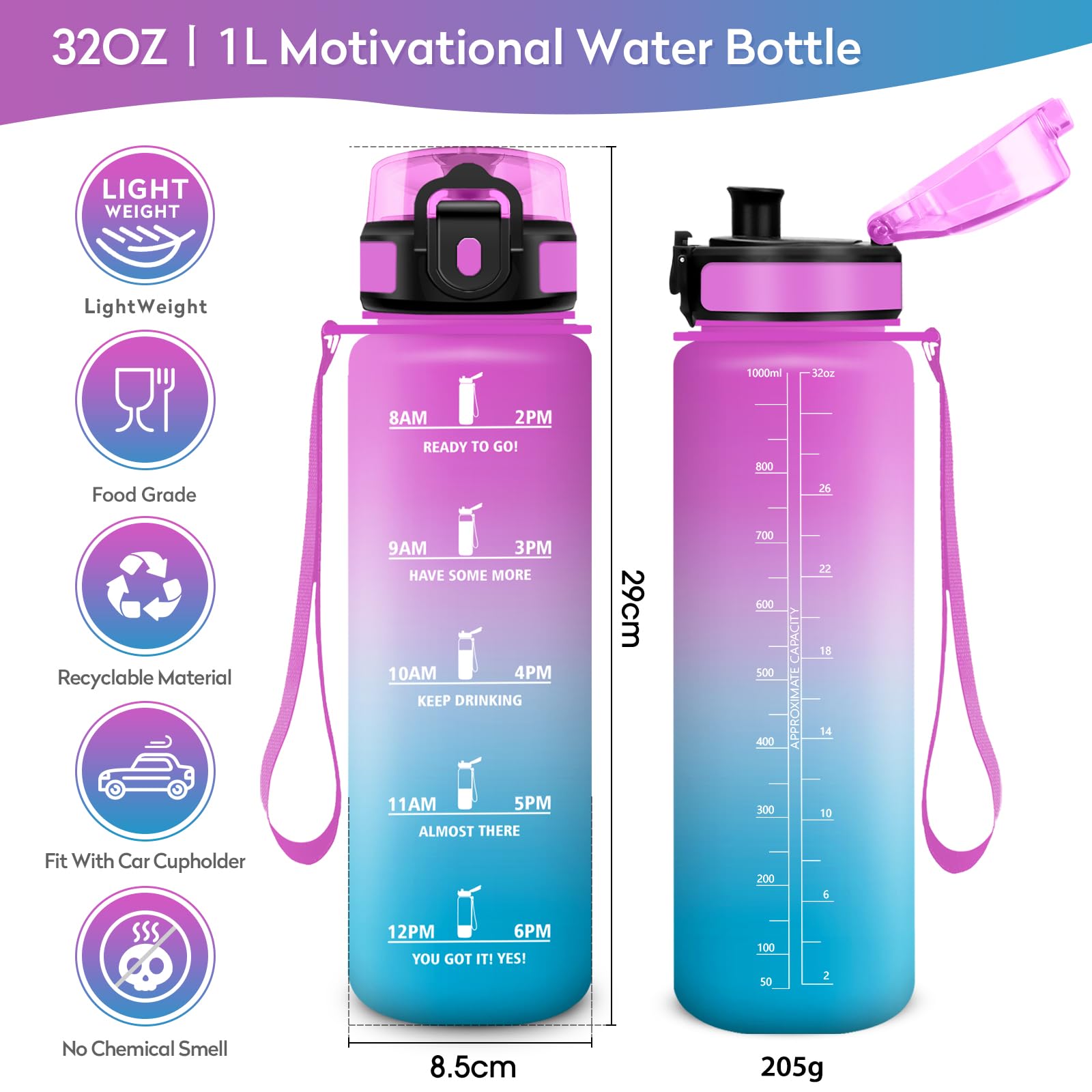 KollyKolla Borraccia 1L, Riutilizzabile, Bottiglia con Filtro, Borraccia con Indicatore del Tempo Motivazionale senza BPA, A Prova di Perdite, ideale per Adulti, Bambini, Scuola, Ufficio