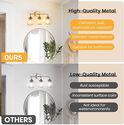 Miniatura 5 de Lámpara de tocador dorada de 3 luces modernas para baño sobre espejo, lámparas de baño de latón cepillado, apliques de pared de granja con pantalla