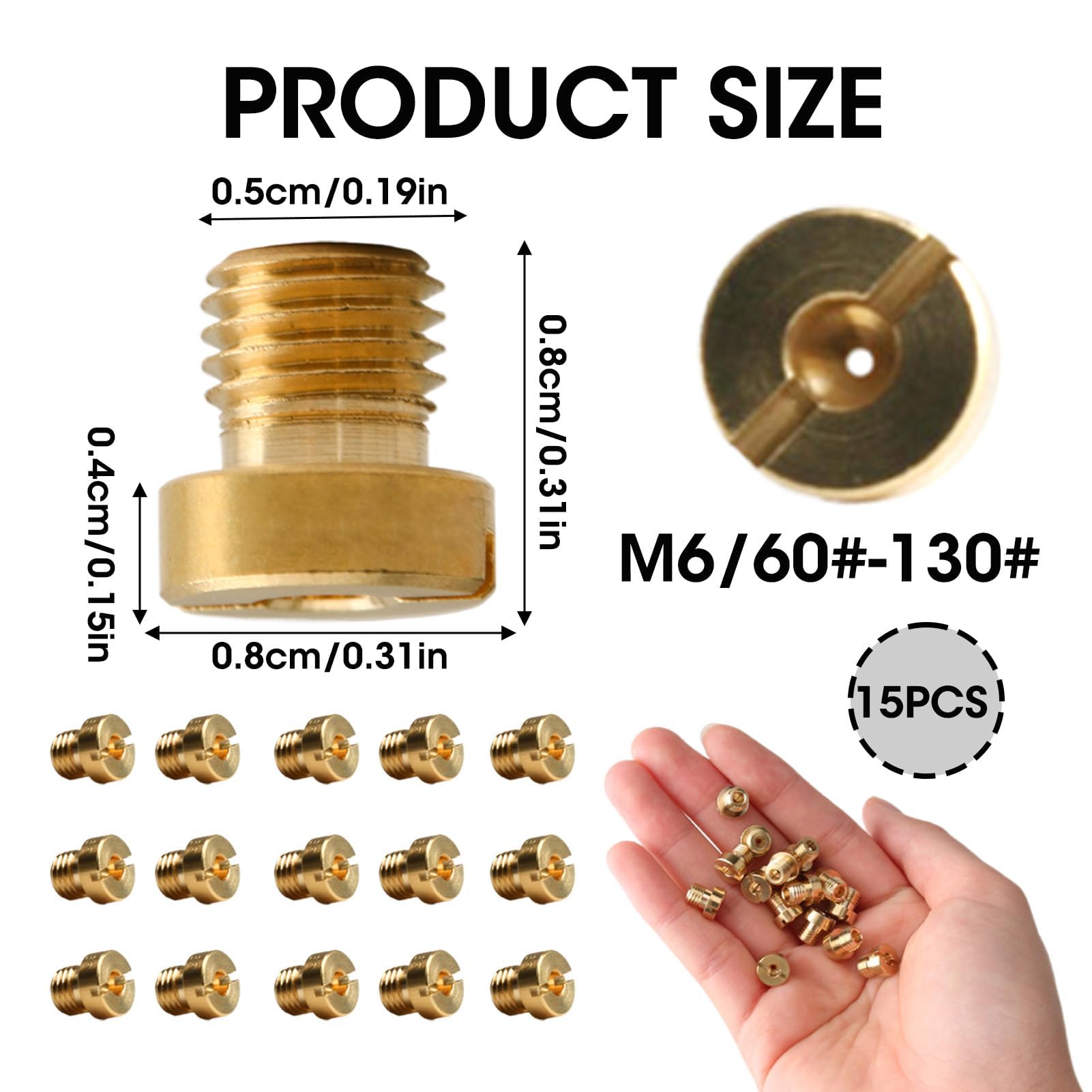 15 Pezzi Getti Carburatore, M6 Ugelli Getti per Scooter, Getti Principale, M6#60-130 Principale Ugelli Getto Principale del Carburatore Dell'Orto PHBN-PHVA 12 e 17.5mm Dimensione Ottone