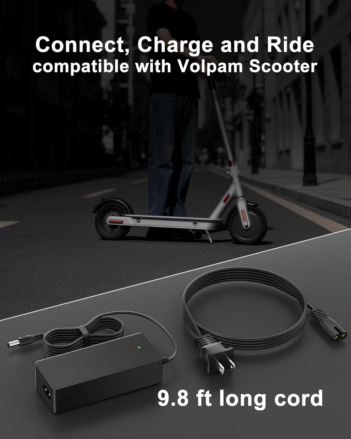 VHBW charger connected to a Volpam scooter, illustrating the charging process