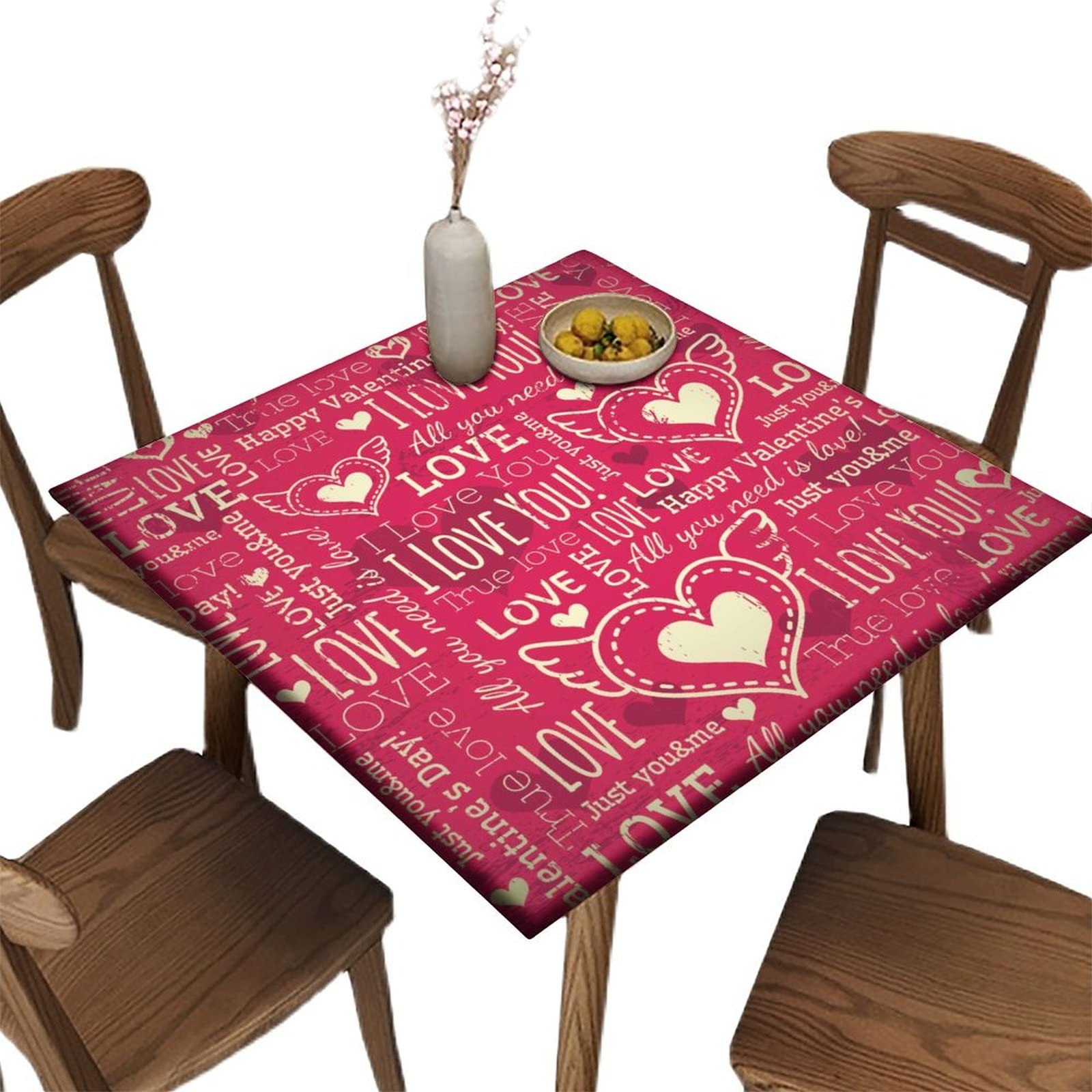 Atury Valentine's Day Square Fitted Polyester Tablecloth, Vintage Red Valentine Elastic Edge Decor Table Cloth, Waterproof Stain Resistant Table Clothes for Indoor Outdoor Party, Fits 24" x 24" Table