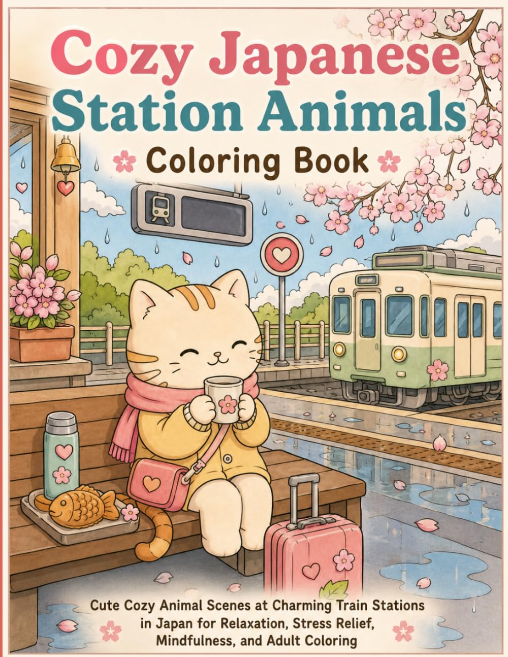 Cozy Japanese Station Animals Coloring Book: Cute Cozy Animal Scenes at Charming Train Stations in Japan for Relaxation, Stress Relief, Mindfulness, and Adult Coloring