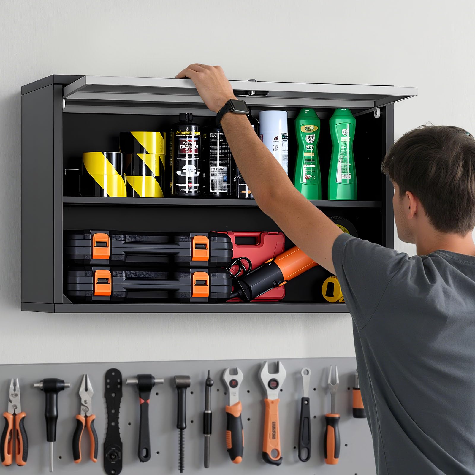 VEVOR Mobiletto da Parete in Metallo, 770 x 305 x 500 mm, Mobiletto Portautensili Sospeso con Ante a Ribalta e Ripiano, Capacità di Carico 108,9 kg per Garage, Cantina, Cucina, Montaggio Richiesto