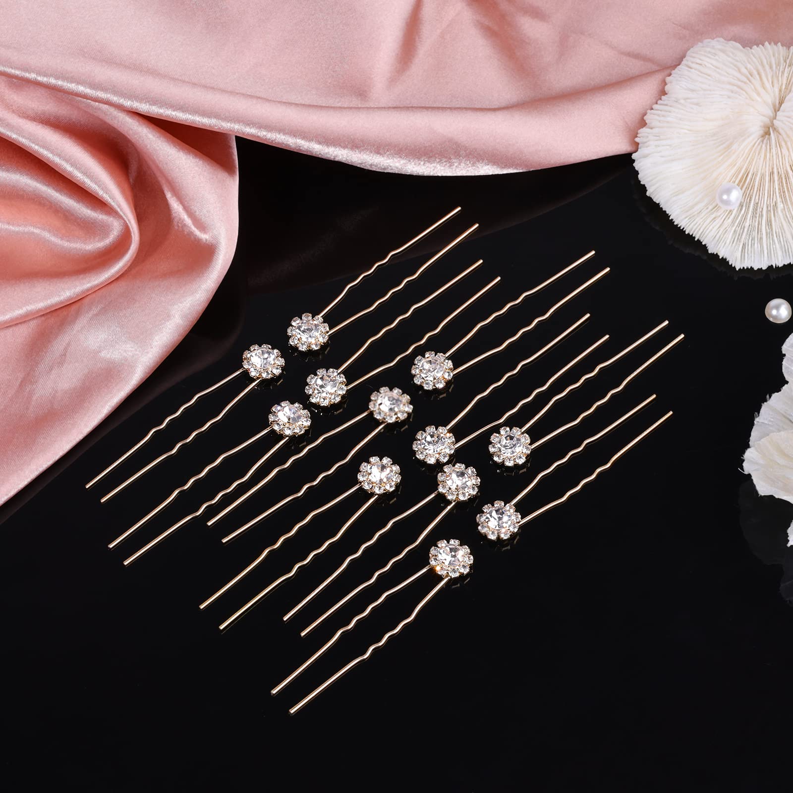 KINBOM 12 Piezas Horquillas Diamantes Pelo Mujer Boda, Horquillas Flor Cristal Accesorios Novia Dorado