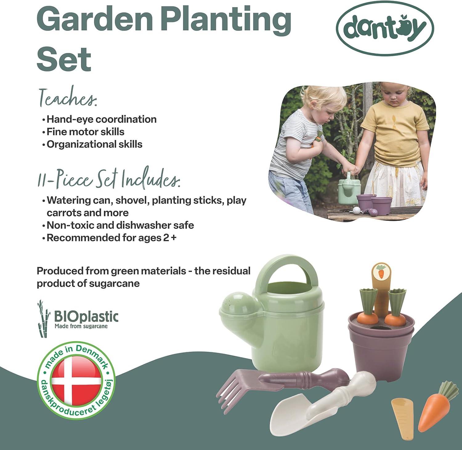 Dantoy: Green Garden - Planting Set - 11pcs, Pretend Play Gardening & Food Playset, Realistic Tool Toys, Recycled Plastic, Kids & Toddlers Ages 2+