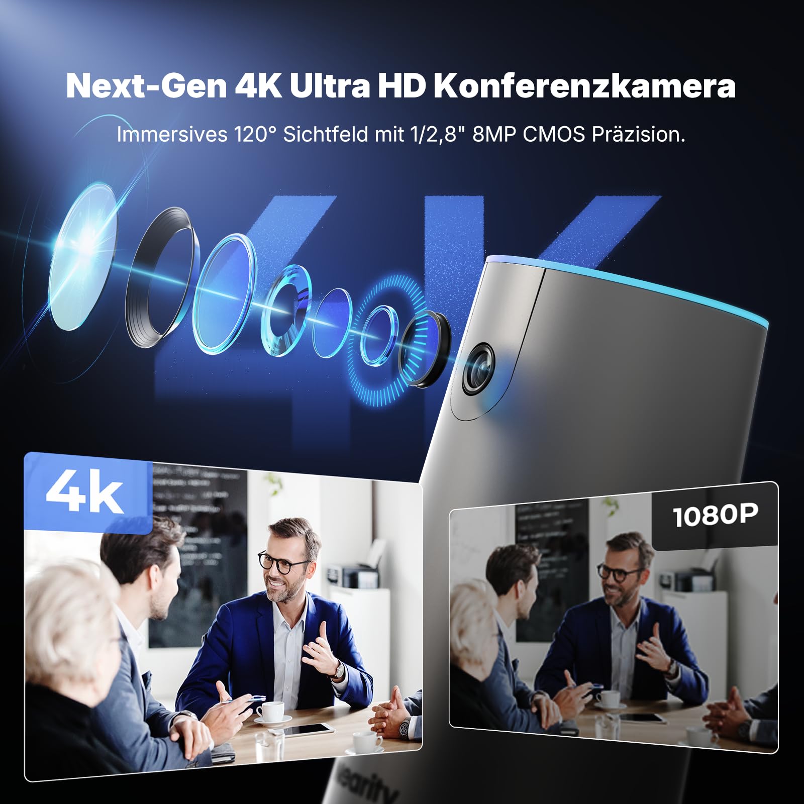 NEARITY 120 Max 4K FHD Videokonferenz Webcam mit Mikrofon und Lautsprecher, 8MP CMOS/120° Ultraweitwinkel/5X Zoom/Auto-Framing, Videokonferenzsystem mit Fernbedienung für Zoom/Teams/PC/Laptop/Desktop