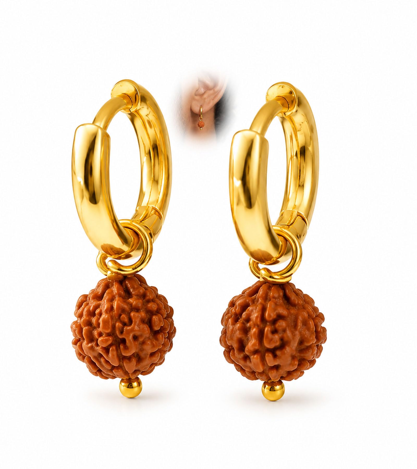 vama FASHIONS 18K Gold Plated Anti Tarnish Hypoallergenic Rudraksha Charm Bead Drop Huggie Hoop Bali Lightweight Hinged Ear Piercing Ear Rings for Men & Boys-picture-8