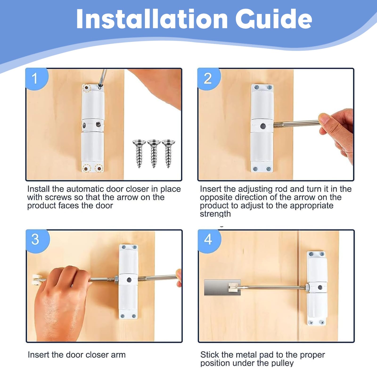 PCKOBEVER Spring Door Closer,Safety Automatic Door Closer,Adjustable Door Spring Closer Door Stopper for Commercial & Home Use,Quiet Auto Door Closing with Adjusting Rod and Screws (White) - Image 4
