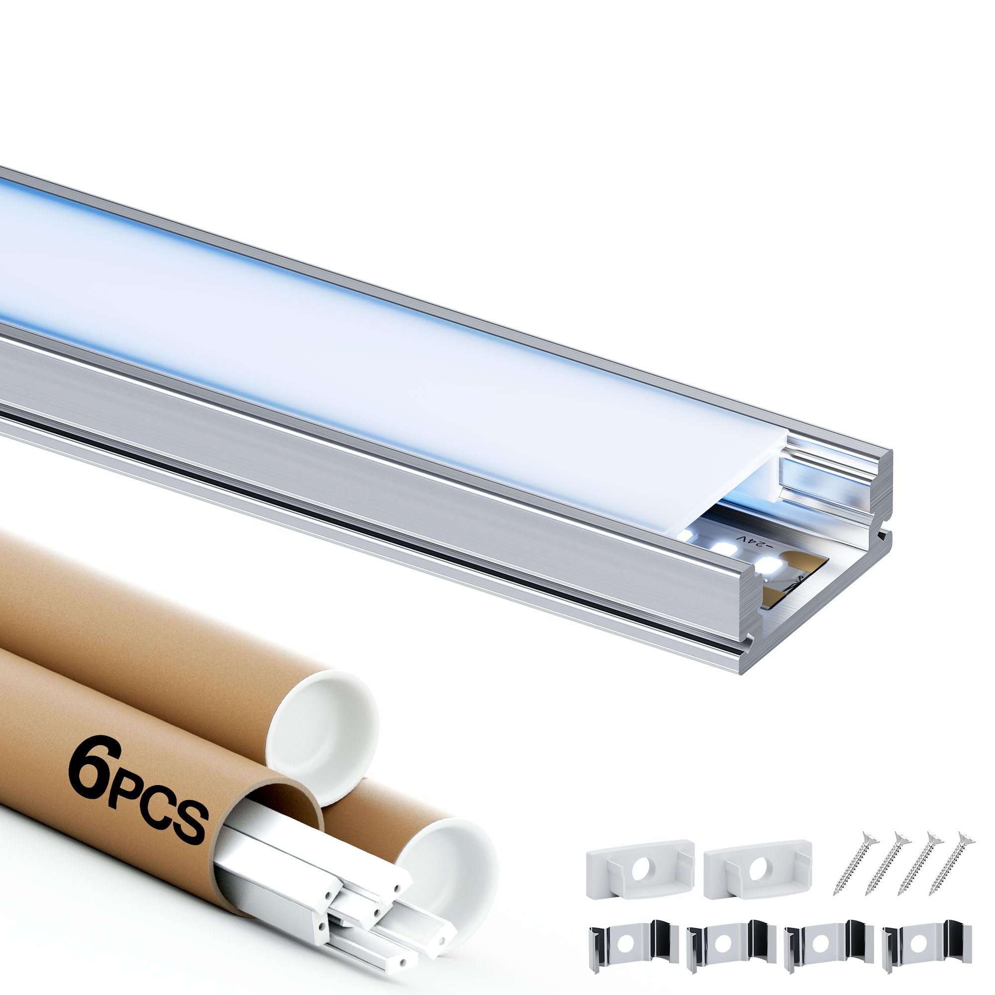 Shine Plus LED Schiene 2m, 6 Stück U Form LED Aluminium Profil，Led Kanäle mit Milchig Weißer Abdeckung, led Diffusoren mit Endkappen und Montageclips Die Innenbreite des Profils beträgt 12,4 mm