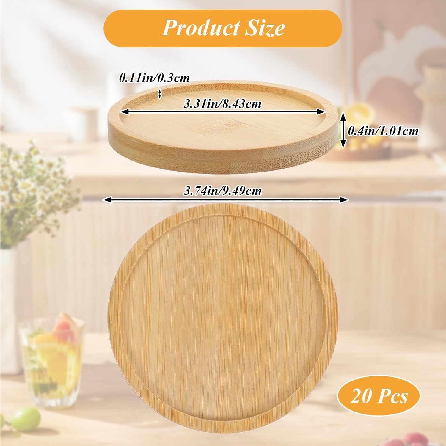 20 Pack Round Bamboo Coasters 3.74 Inch Natural Wooden Coasters for Crafts Plant Drink Saucer Trays Pot Trivets Stackable Flower DIY Gifts for Cups, Outdoor and Indoor Plant Pots Coffee Tea Table