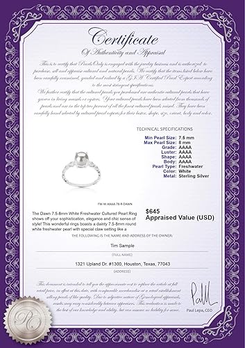 Miniatura 3 de Amanecer blanco 0.295-0.315 in AAAA calidad agua dulce 925 anillo de perlas cultivadas para mujer