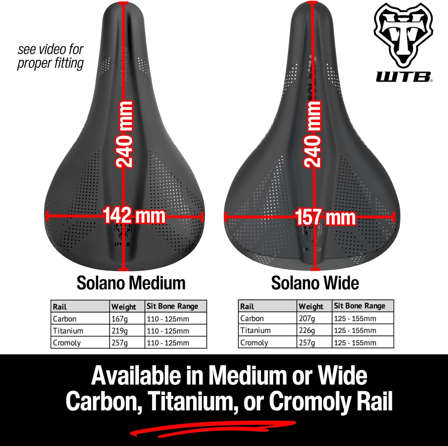 WTB Solano Bike Seat (Saddle) - Fusion Form Base - Enhanced Padding - Mountain, Gravel & Road (Medium/Wide, 3 Rail Options)