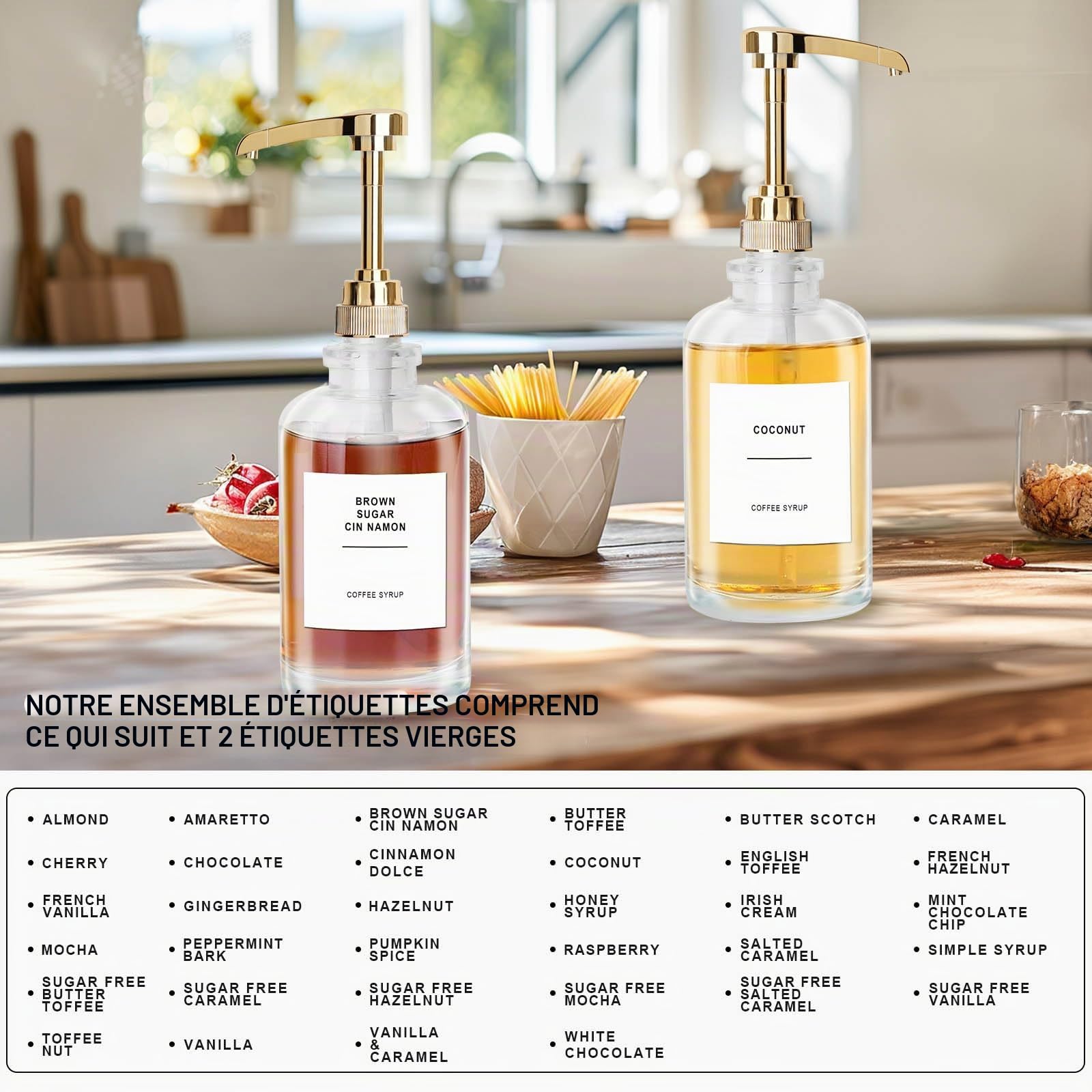 Sunal Distributeur de sirop de café, doré, 500 ml, lot de 2 bouteilles de sirop en verre, distributeur de sirop avec pompe de grande capacité de 0,6 g et 36 étiquettes étanches et entonnoir pour