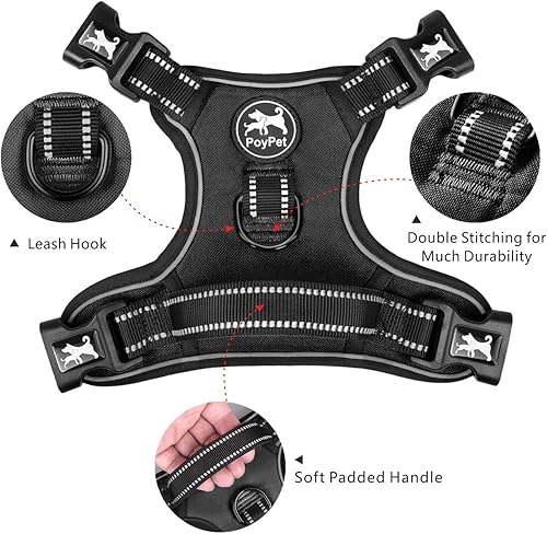 Miniatura 4 de PoyPet - Arnés para perro con 4 hebillas a presión, reflectivo, con 2 ganchos delanteros y traseros y un mango de fácil control no necesita pasar