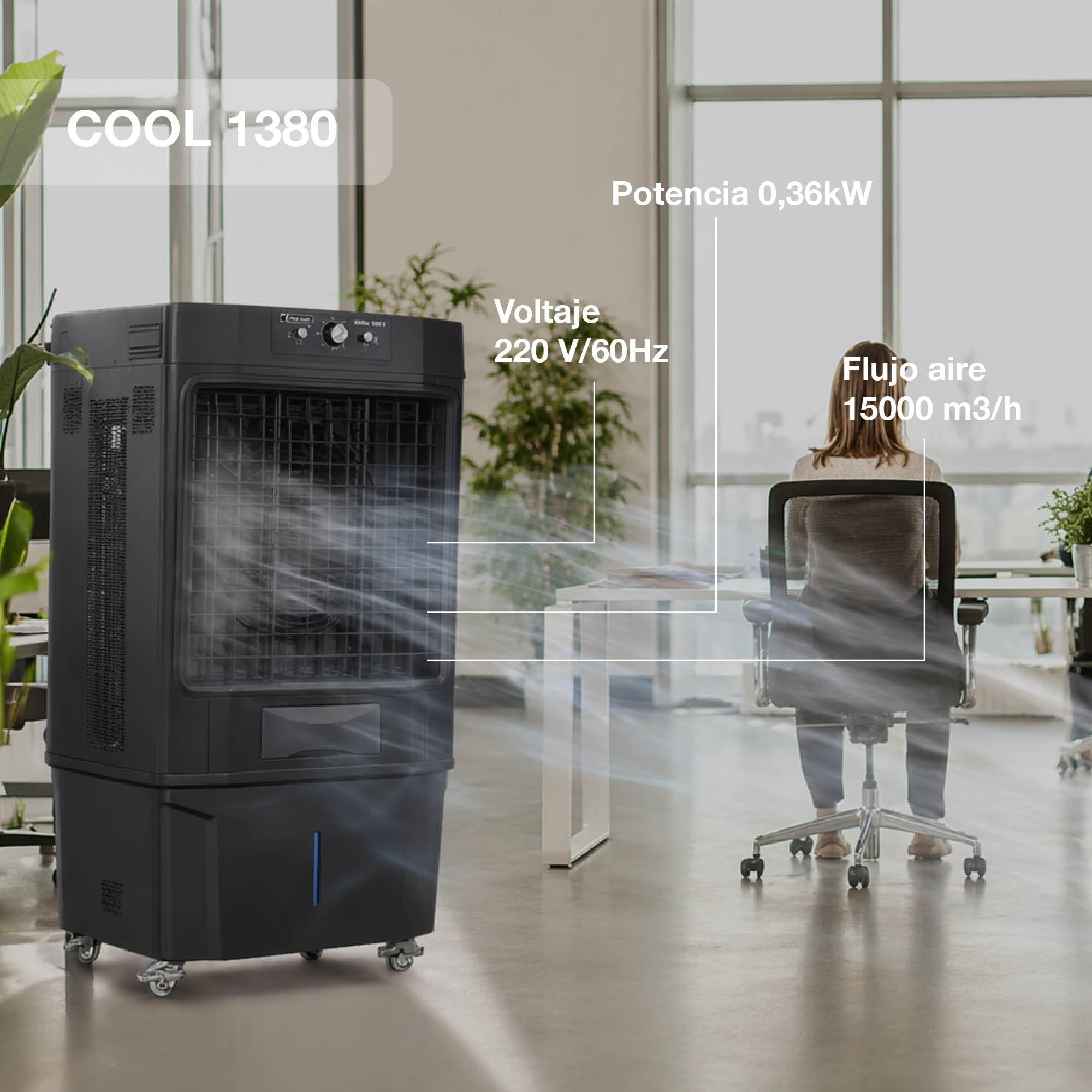 GARLAND COOL 1380 - Climatizador evaporativo 360 W, flujo 15000 m³/h, depósito 80 L, enfriador portátil para 70-100 m², estructura plástica, bajo consumo y ventilación continua