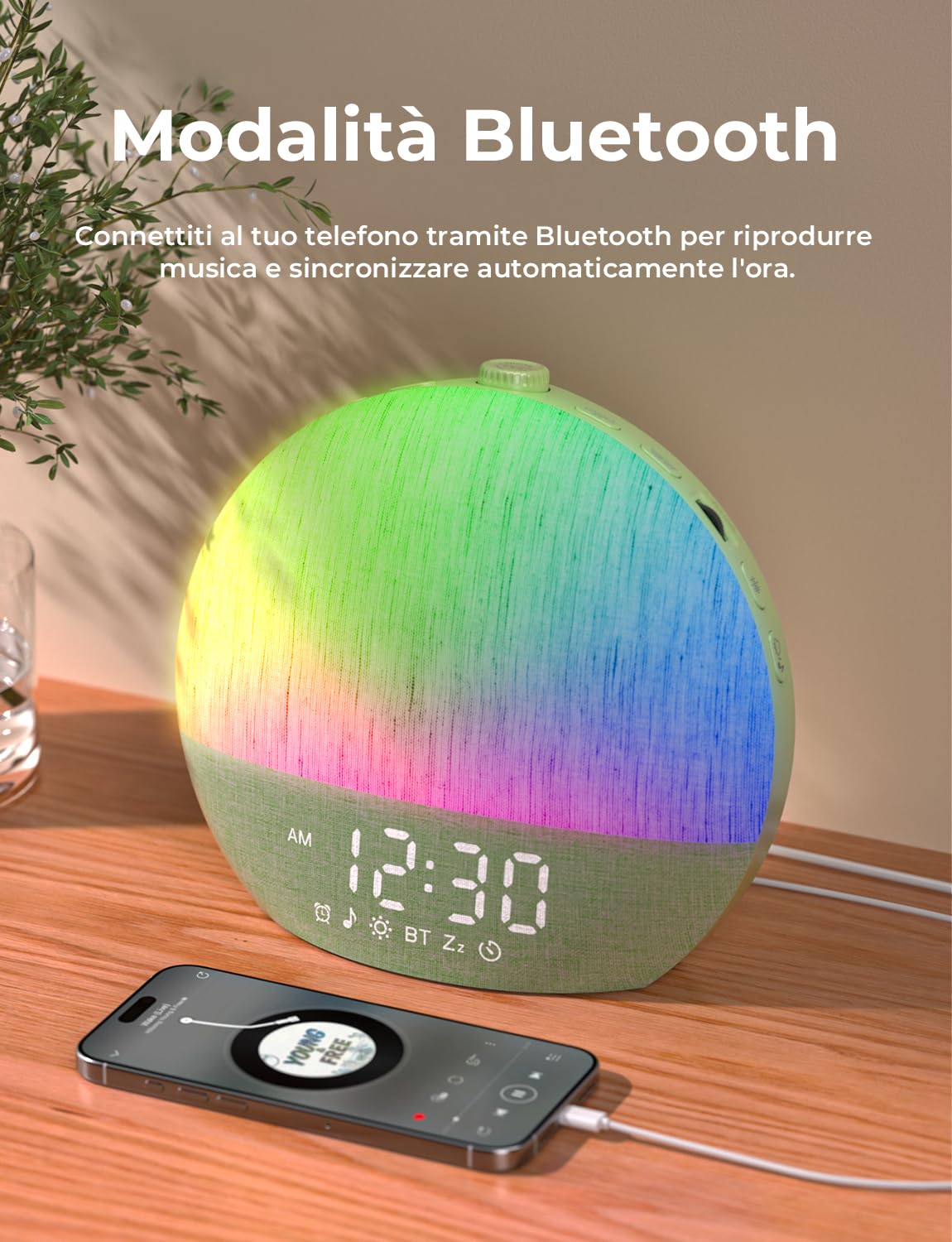 LIORQUE Sveglia Luminosa con Simulazione Alba, Sveglia da Comodino | Bluetooth, Rumore Bianco, 30 Suoni Rilassanti, Timer Spegnimento, Design Senza Schermo, Luce Notturna Regolabile