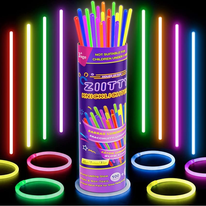 Immagine del prodotto Ziitty Braccialetti Luminosi Fluorescenti, 7 colori Fluo Party Kit Bambini Adulti Starlight 100 Glow Sticks e Connettori per Bracciali Occhiali Gadget per Comleanno Feste Carnevale Capodanno Pasqua