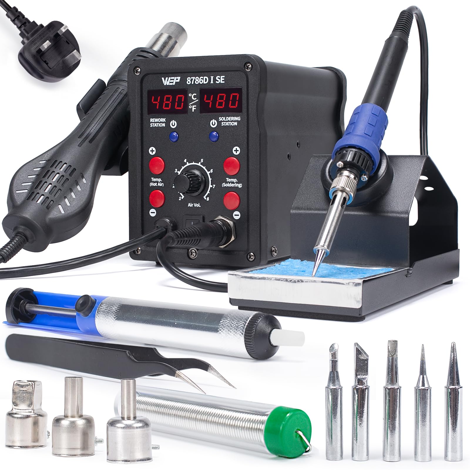 WEP 8786D-I SE Hot Air Soldering Station Kit 2-in-1 for Rework Desoldering with Lead-Free Solder Wire, 5 Soldering Tips