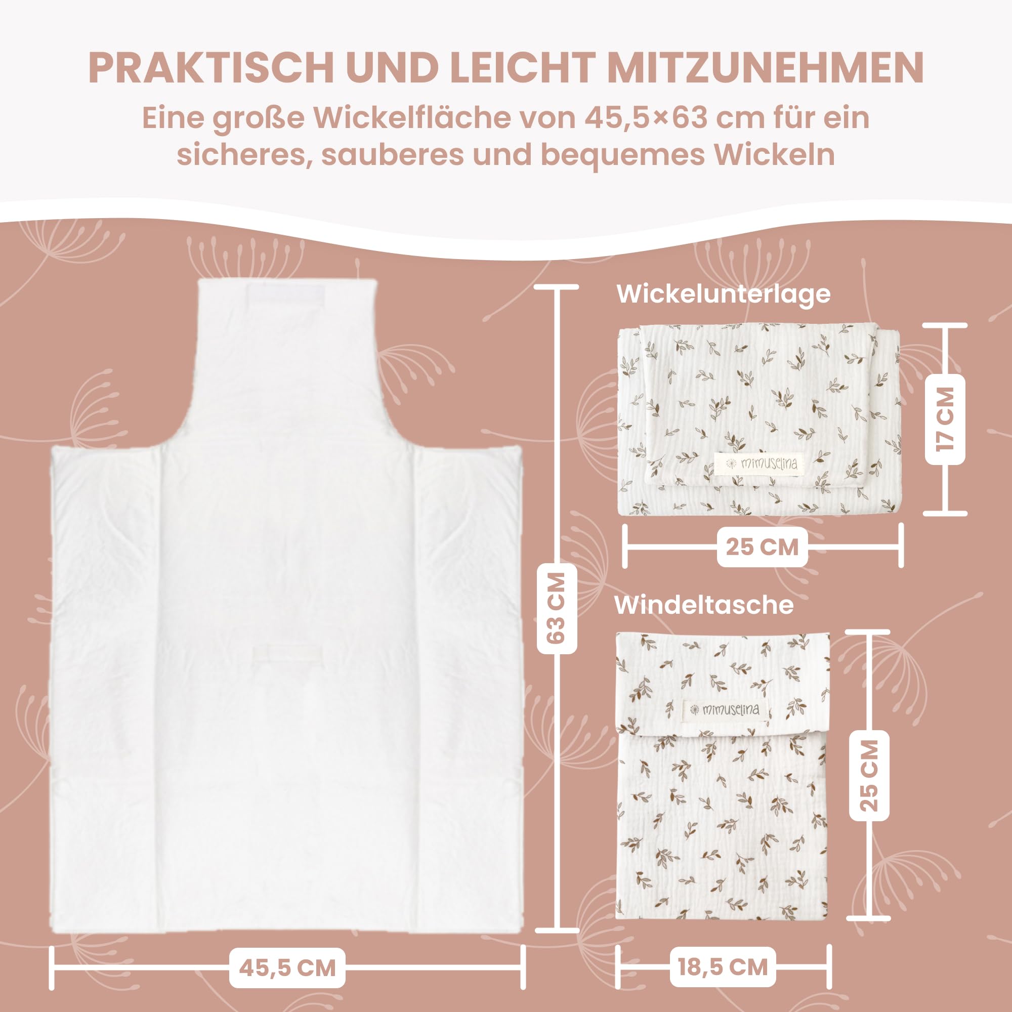 MIMUSELINA | Set mit tragbarer Wickelunterlage Unterwegs und Wickeltasche | Wasserdicht, Faltbar und aus 100% OEKO-TEX Baumwolle | Baby-Zubehör für unterwegs oder auf Reisen