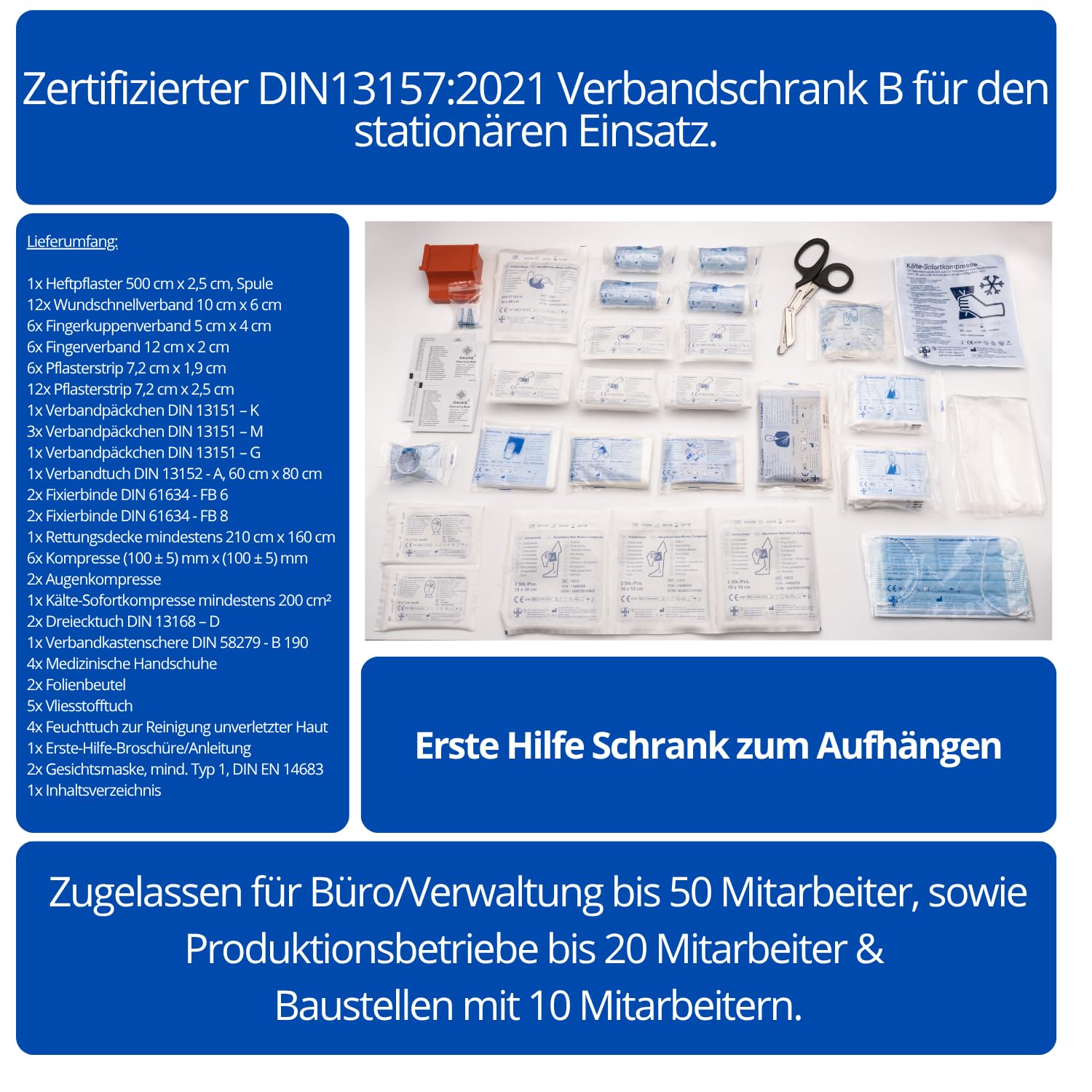 First Aid Products Verbandschrank B – inkl. DIN 13157:2021 Füllung – Metall, 3 Ablageflächen, abschließbar – Betriebsverbandkasten, Büro, Betrieb, Versammlungsstätte & Werkstatt – 46×30×14 cm