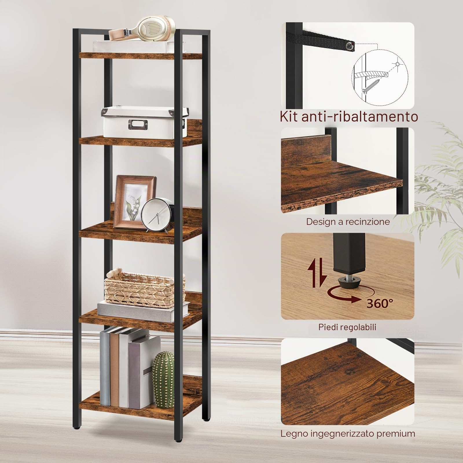 MAHANCRIS Scaffale per libreria, scaffale indipendente, con 5 ripiani, 24 x 33 x 131 cm, ripiani aperti per soggiorno, camera da letto, ufficio, con struttura in metallo, marrone rustico e nero