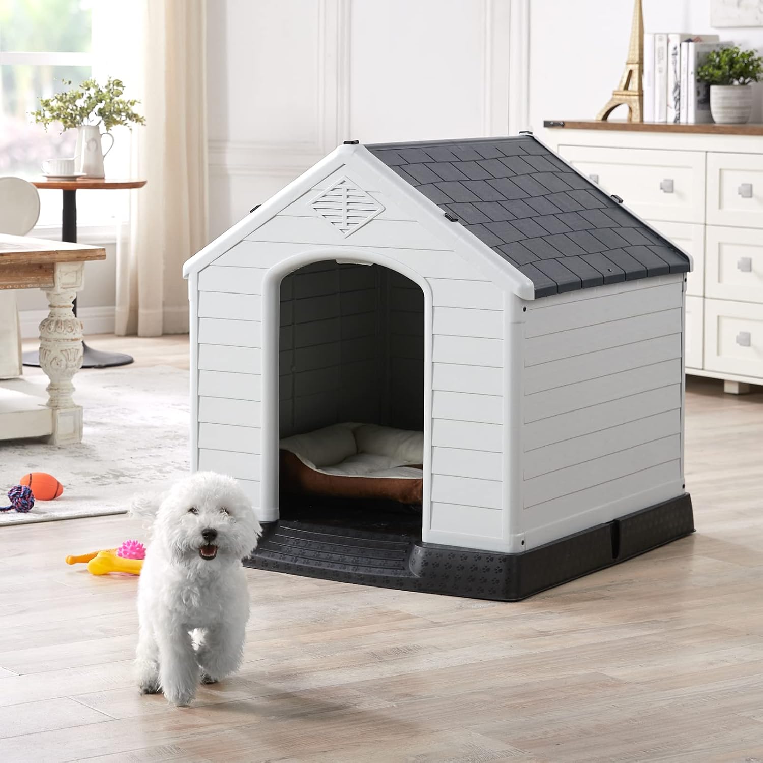 Plastic Outdoor Indoor Dog House for Medium Dog, Insulated Water-Proof Kennel with Air Vents Elevated Floor, Durable,Easy Assemble and Clean, Gray, 32'' (PPDH01)