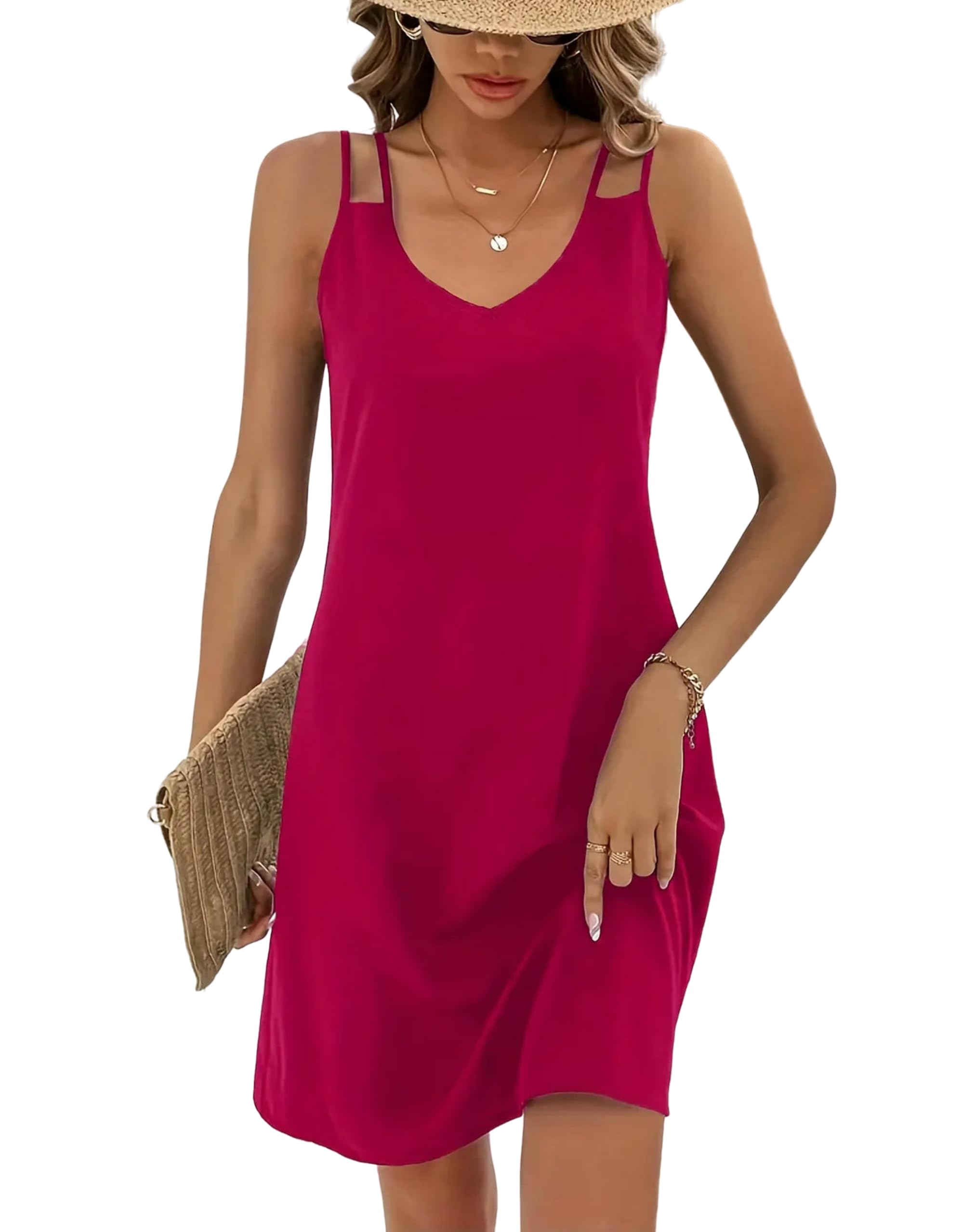 Juketron 2024 Moda de Verano Mujeres con Cuello en V sin Mangas Mini A-Line Vestido Sexy Correas Dobles Vestidos de Vacaciones en la Playa