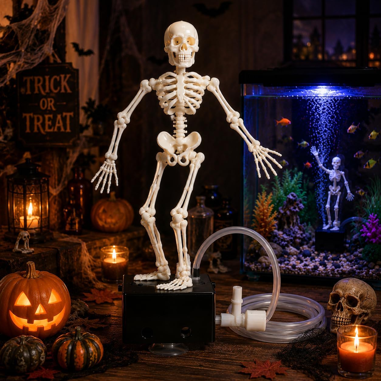 TYURJYR Dancing Skeleton Aquarium Bubbler, Halloween Dynamic Skeleton Fish Tank Ornament, Creative Underwater 3D Printed Air Powered Moving Skull Oxygenating Decor with 1-Meter Air Hose