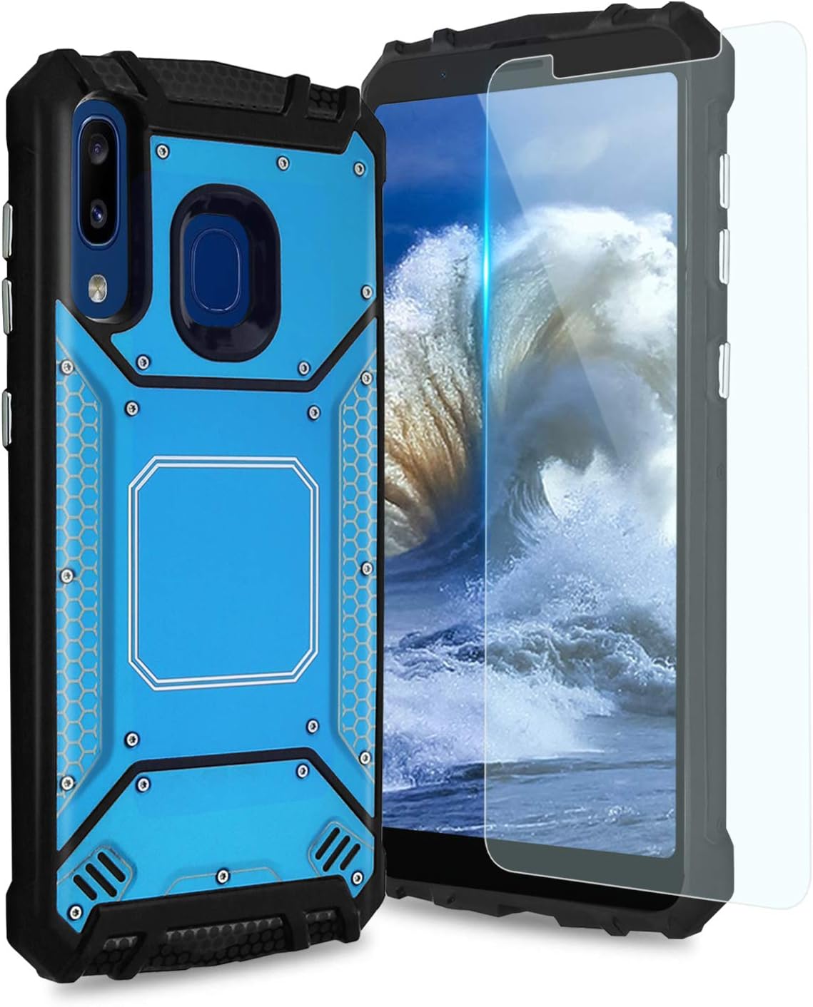 TJS Phone Case Compatible with Alcatel 3V 2019/5032W (Not Fit Alcatel 3V 2018), with [Tempered Glass Screen Protector] Aluminum Shockproof Military Magnetic Support Built-in Metal Plate Back (Blue)