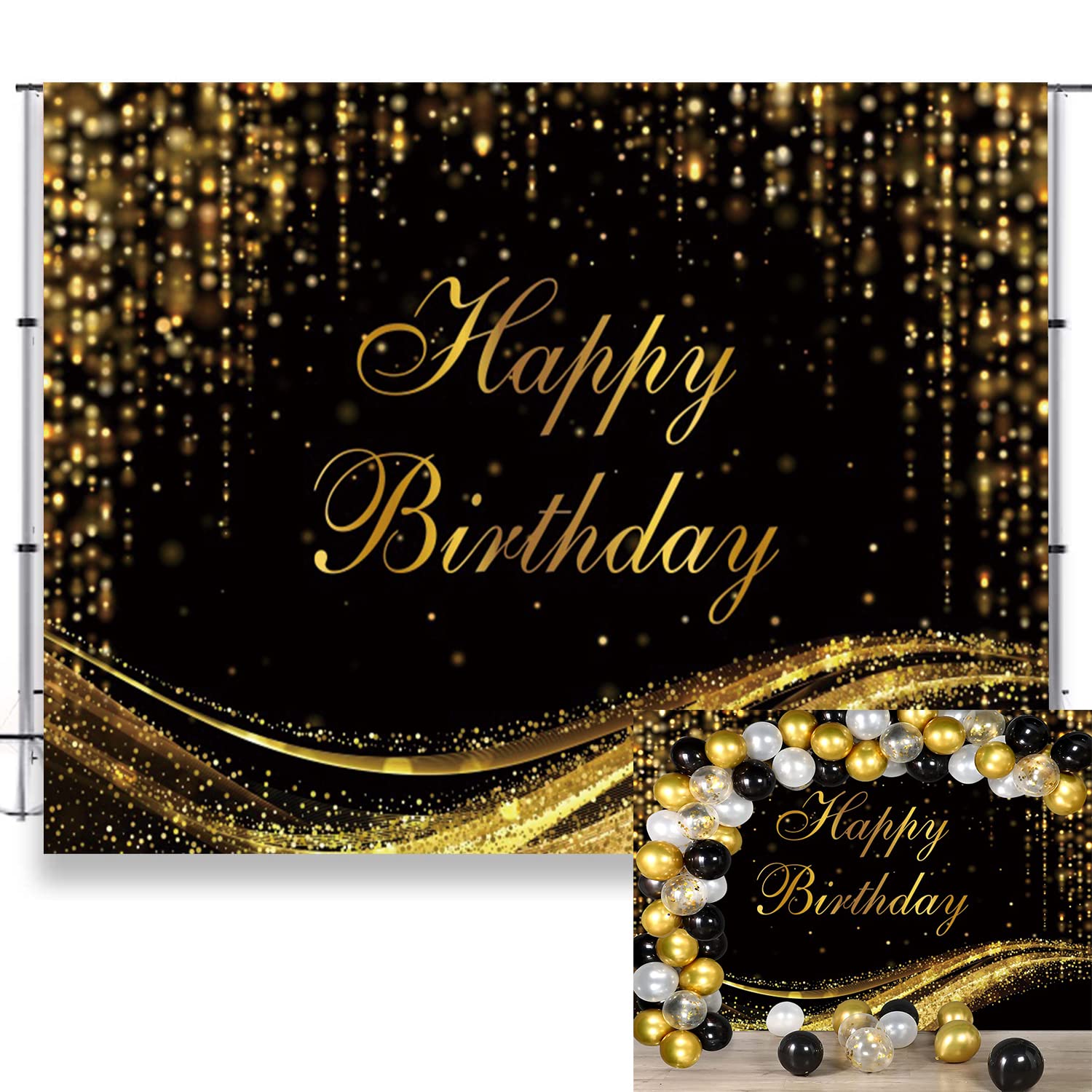 LFEEY 10x8ft Black and Gold Happy Birthday Backdrop Banner Decorations Glitter Sequin Backdrop for Photography Kids Adult Portrait Birthday Party