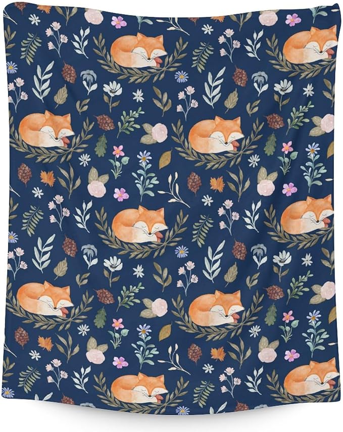 Mercuryelf Fox Throw Blanket - Soft, Fuzzy & Warm - 40x50 Inches Flannel Blankets for Travel, Office - Dark Blue Cute Throws Gift for Girls, Boys