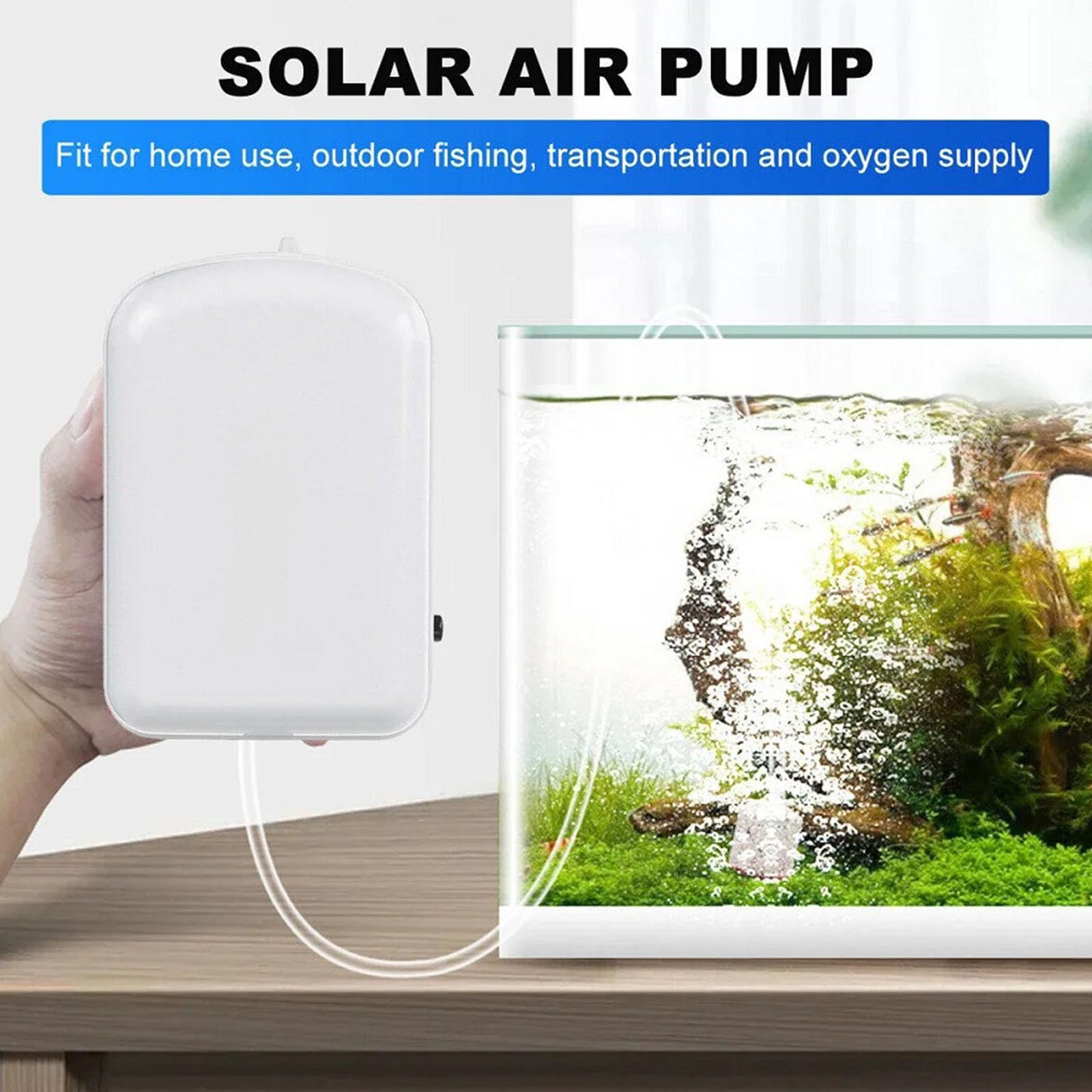 Pompe à oxygène Solaire pour étang, Pompe à air Portable 5W avec Panneau Solaire, Batterie intégrée de 2000mAh, Pierres à Bulles pour Piscine, hydroponie, Fontaine d'eau, Jardin
