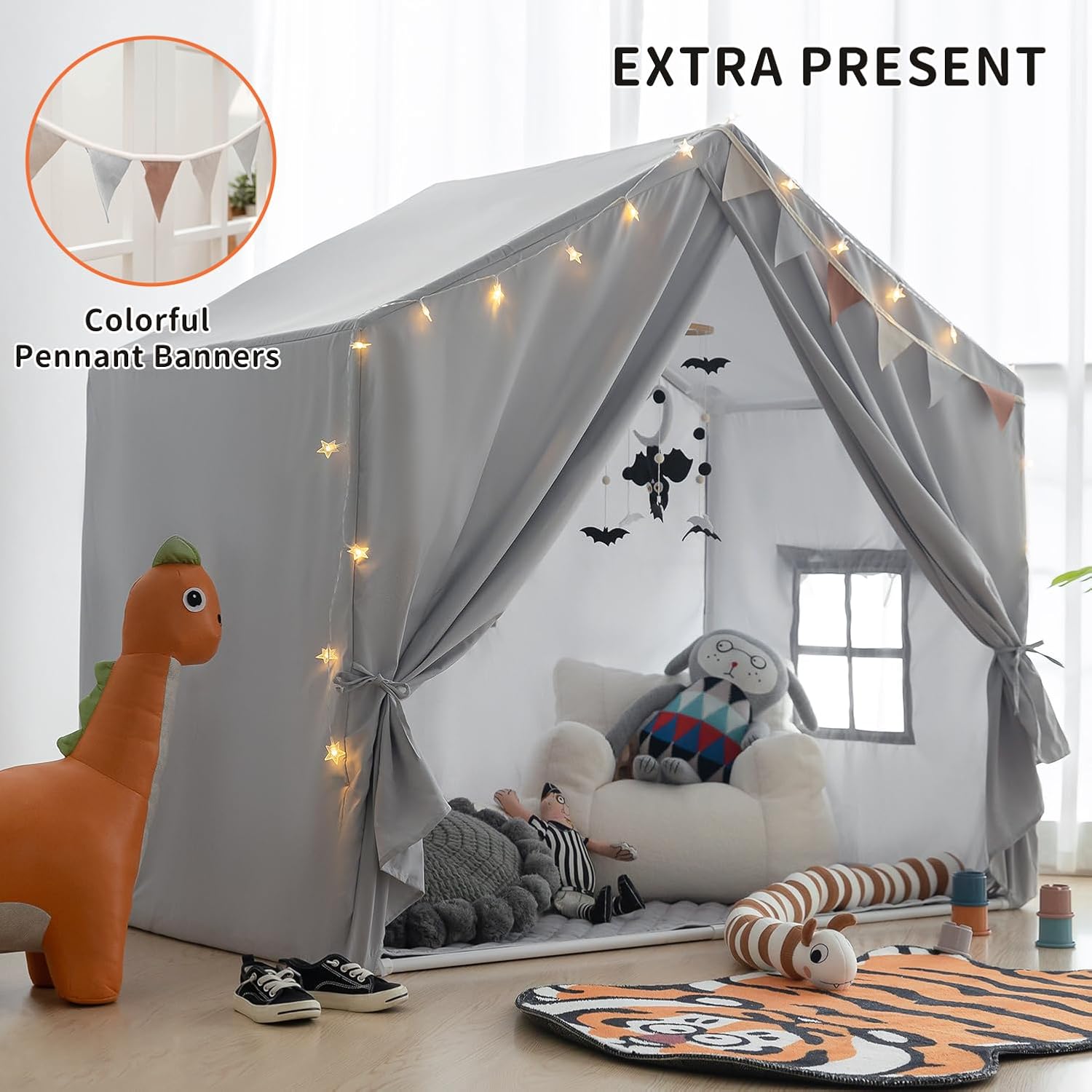 Kids Play Tent Indoor, Play Tents for Kids, Razee Large Playhouse Tent Play House with Padded Mat, Tent Castle for Toddlers, Play Cottage Kid Toys for Boy Girl Birthday Gift (Grey)