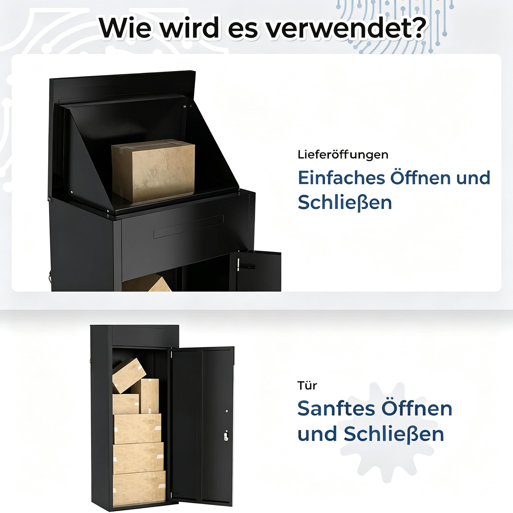 YODOLLA Paketbox Groß XXL Paketbriefkasten | 120x45x50cm, abschließbarer wetterbeständiger Full-Metal-Rahmen Paketkasten mit Klappdeckel für Veranda/Garten, Schwarz
