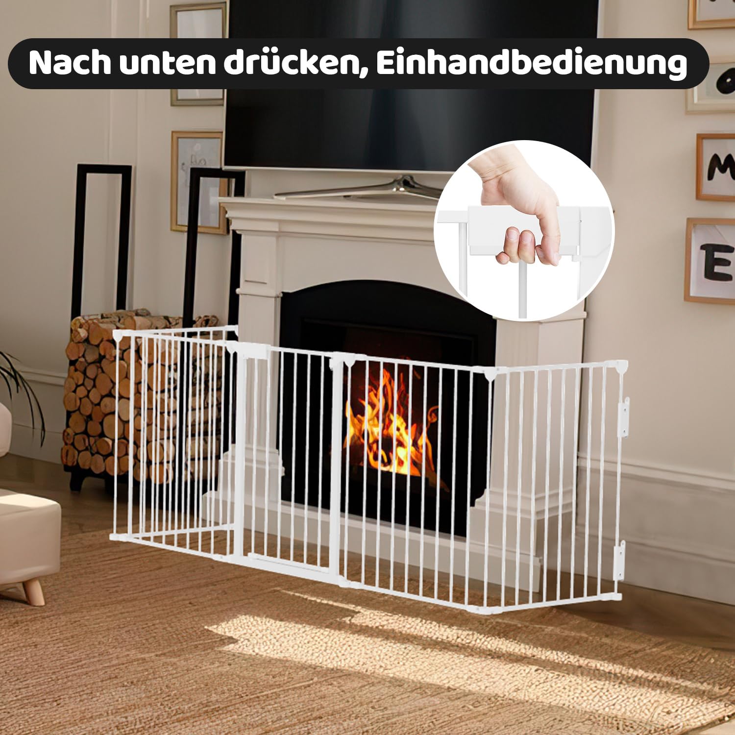 Rejilla protectora para chimenea con puerta, rejilla protectora de horno de metal, diseño plegable, 310 cm, montaje sin herramientas, juego de 5 piezas (blanco)