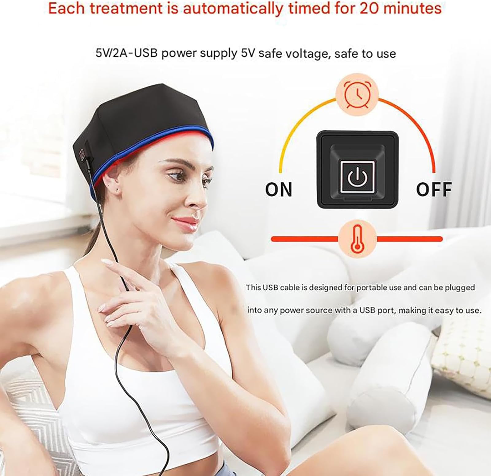 Terapia de crecimiento del cabello con luz roja, tapa infrarroja para el crecimiento del cabello, equipada con 120 luces LED de doble chip, 3 modos, alivia la fatiga