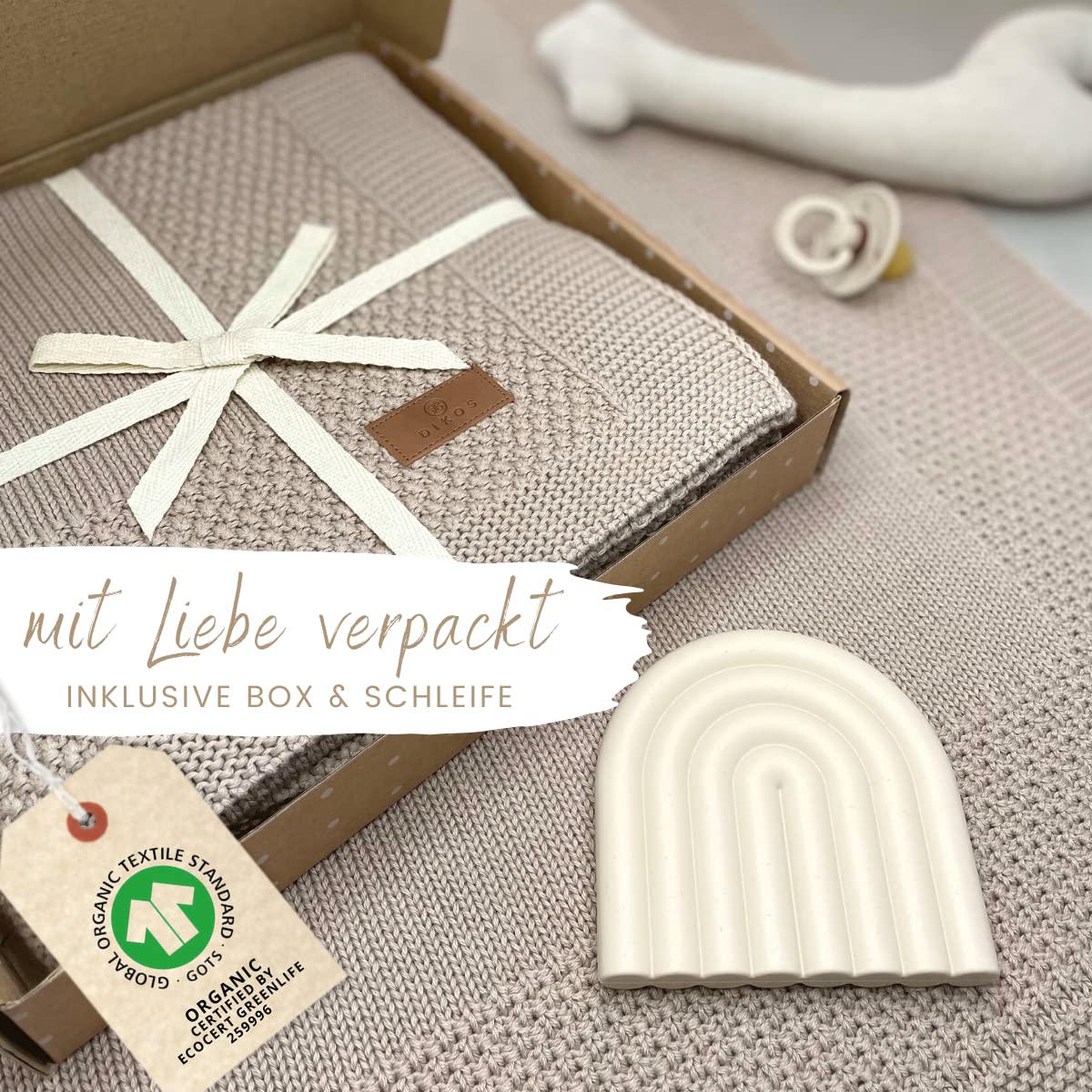DIKOS Babydecke aus 100% Bio-Baumwolle (GOTS & OEKO-TEX) – weiche, atmungsaktive Baby Decke für Neugeborene Jungen & Mädchen – kuschelige Strickdecke, Kuscheldecke – Geschenk zur Geburt (warmes Taupe)