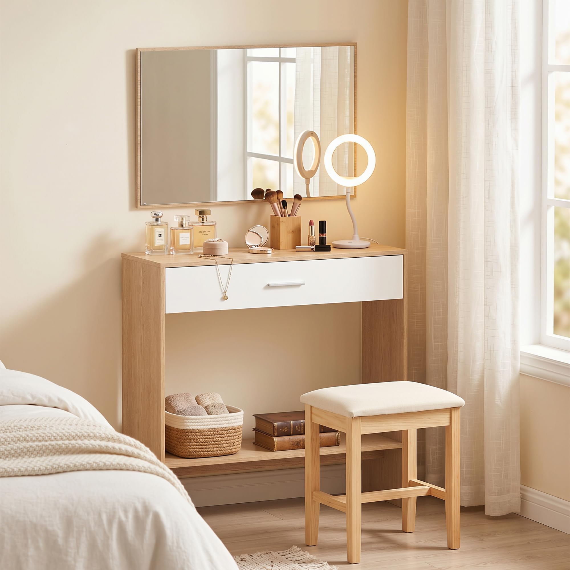 HOMCOM Console Meuble + Miroir avec tiroir 91,5 x 27,9 x 85,5 cm chêne | Table Console Étroite, Avec Étagère, Style Moderne, Table d'Entrée, Couloir, Salon, Petits Espaces