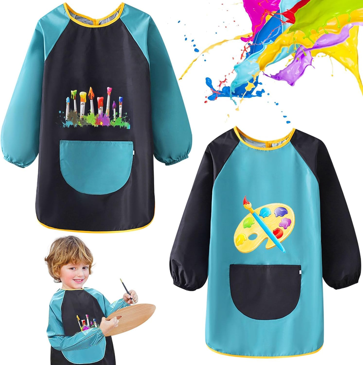 UieaMsio 2 Juegos Ajustable Delantal con Bolsillos,Delantal para Niños de Colores, 5-11 Años Antiincrustante Delantal de Pintura Niños Niñas para Hornear Dibujo Artesanía Aula Cocina