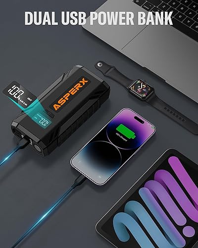 Miniatura 4 de ASPERX Arrancador de batería de coche de pico de 2000 A para motor de gasolina de hasta 8.0 L o 6.5 L diésel, arrancador portátil de 12 V, caja de