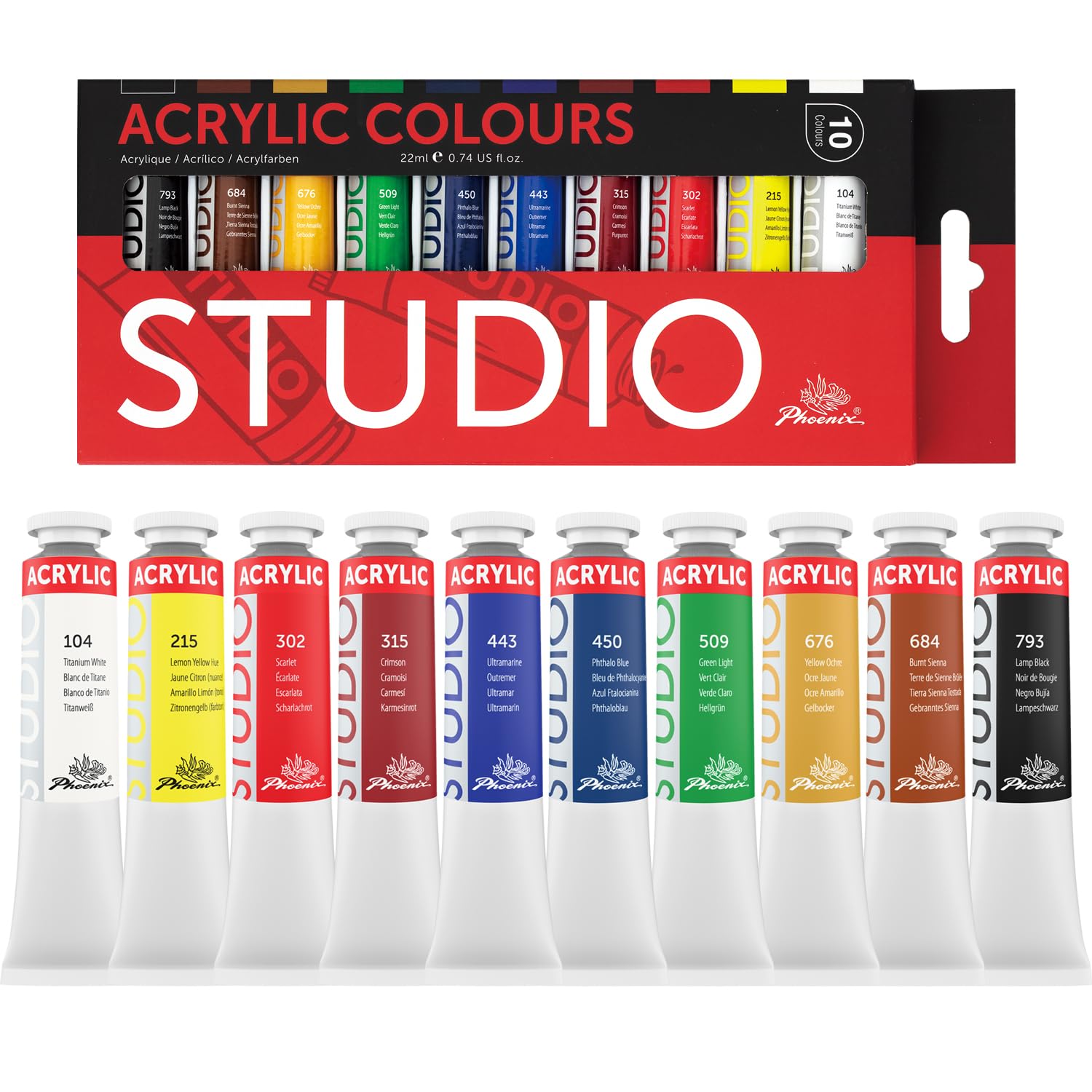 PHOENIX Acrylic Paint Set – 10 Colors x 22ml Tubes Non-Toxic Craft Colors Suitable for Canvas, Wood, and Pottery - For Artists, Students, and Beginners 10 colors x 0.7 fl oz (22 アクリル