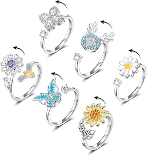 KOHOTA Fidget Rings for Women Spinner Ring for Anxiety Adjustable CZ Sunflower Butterfly Rose Star Moon Stress Relief Open Rings Set…
