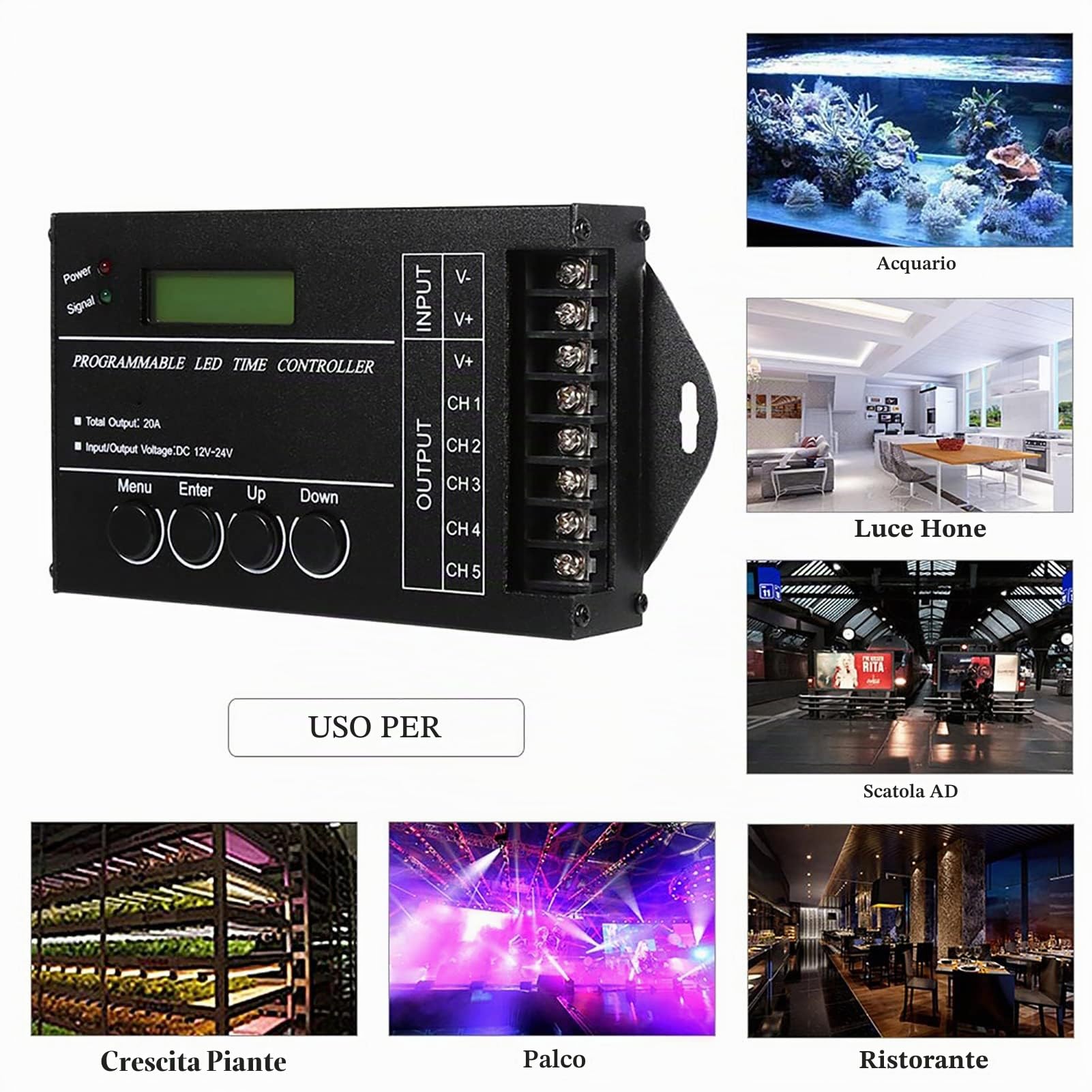 MAGT Timer Programmabile Digital Led Regolatore Per Led, 1 Imposta DC12/24V 20A Timer Digitale Programmabile 5 Canali Regolatore di Tempo a LED Programmabile Regolabile a Colori con Cavo CD USB
