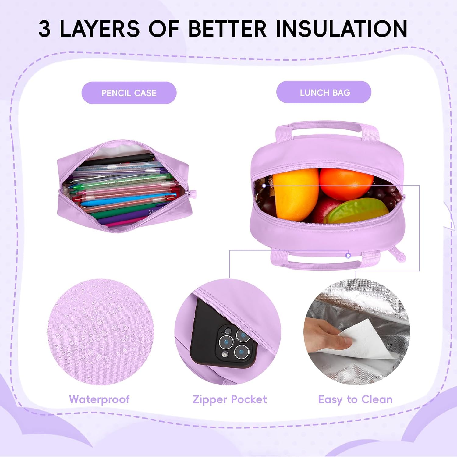 Amythe Girls Backpack with Lunch Box 3Pcs, Kawaii School Bag Set for Kid Elementary Middle School, Multi-Pocket Cute Laptop Bookbag Lightweight, Purple