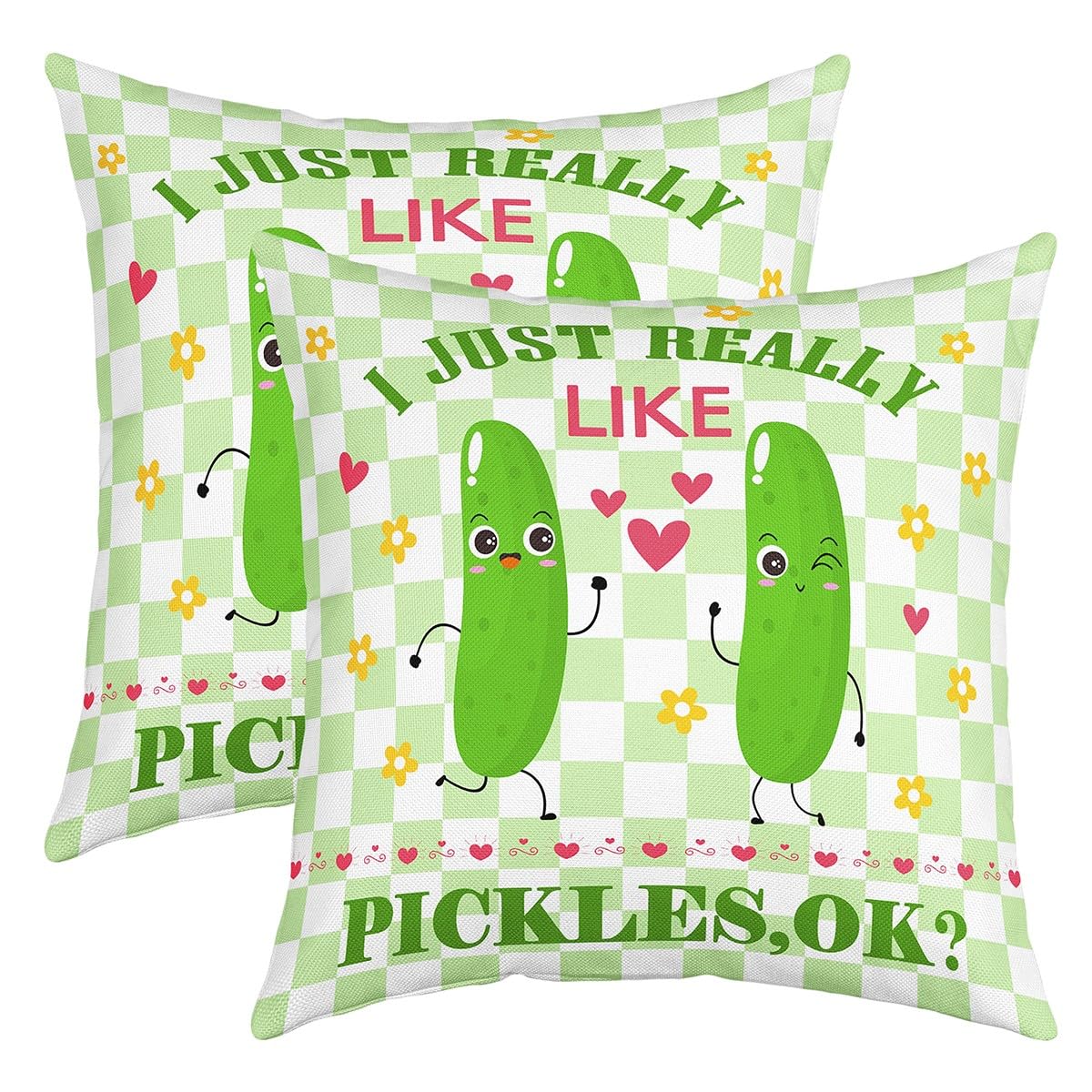 Cartoon Pickles Throw Pillow Covers 16x16 Inch Set of 2 Cute Green Plants Graffiti Decor Cushion Covers for Kids Boys Girls Watercolor Plaid Lovely Flowers Cushion Cases for Party Sofa Chairs